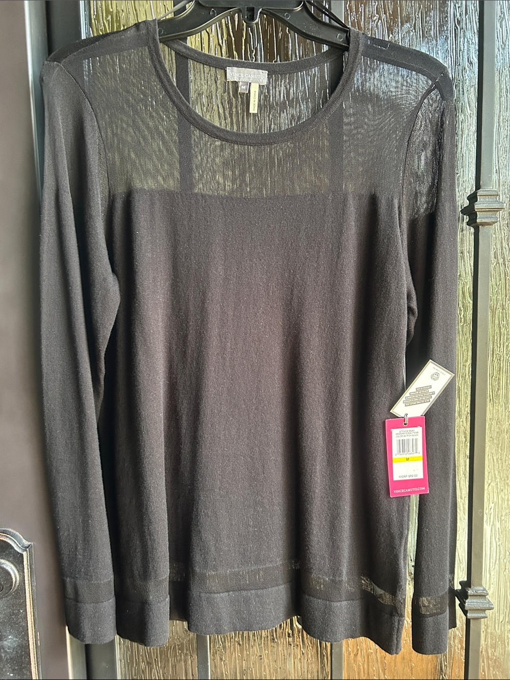 Vince Camuto Black Sheer-Yoke Long Sleeve Tee